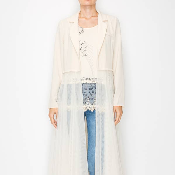 Chic kontrast lång kavajjacka med mesh tyllpanel - 4773 BEIGE för wholesale av Origami Apparel ~ Lace and Crochet inspired