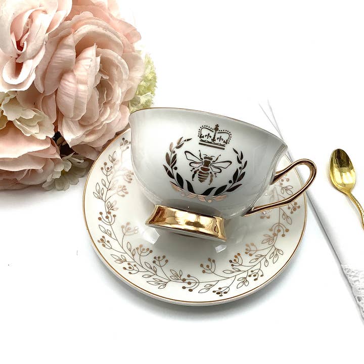 All Little Cute Things - Wholesale Tea Set - Regency Gold Bee Ivory Pearl with Gold Teacup and Saucer4