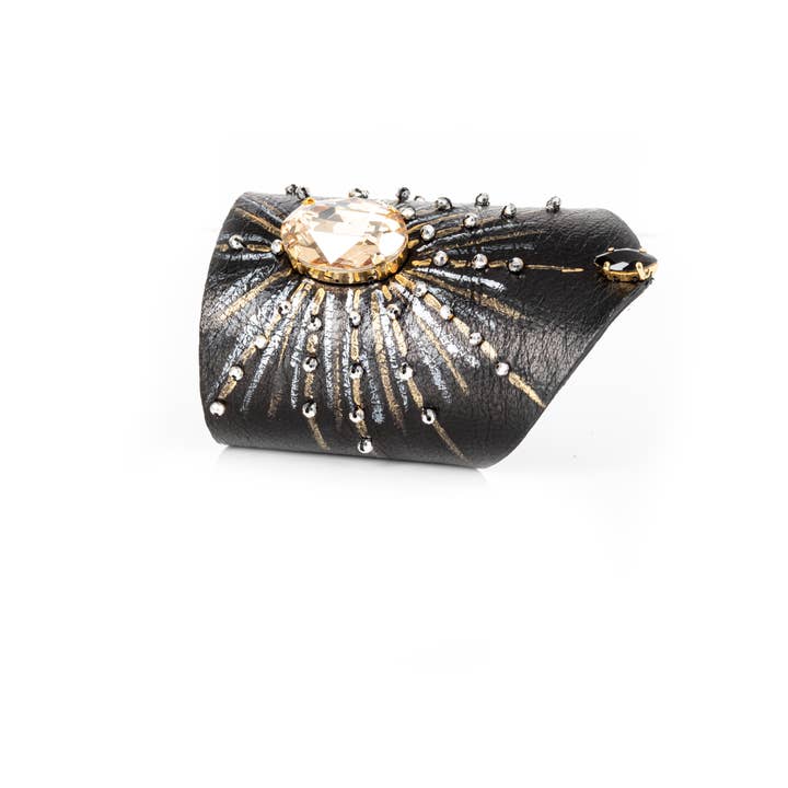 Black Leather Sunburst Crystal Statement Cuff Bracelet for wholesale by The Dark