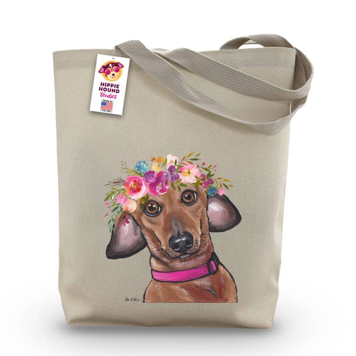 Bright Blooms Dachshund Tote Bag, Søde Hund Gaver for engroshandel hos Hippie Hound Studios