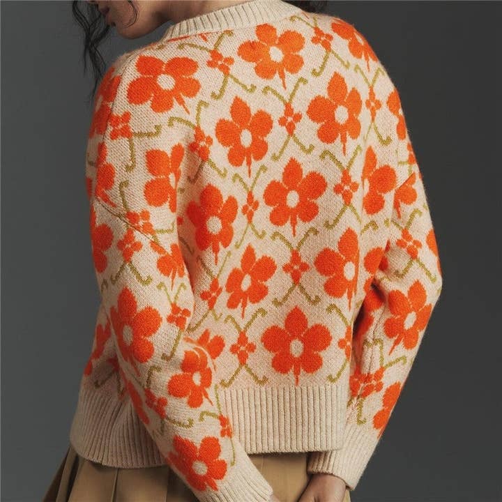 Aprikos Blommig Jacquard Rundhalsad Kofta för wholesale på Faire4