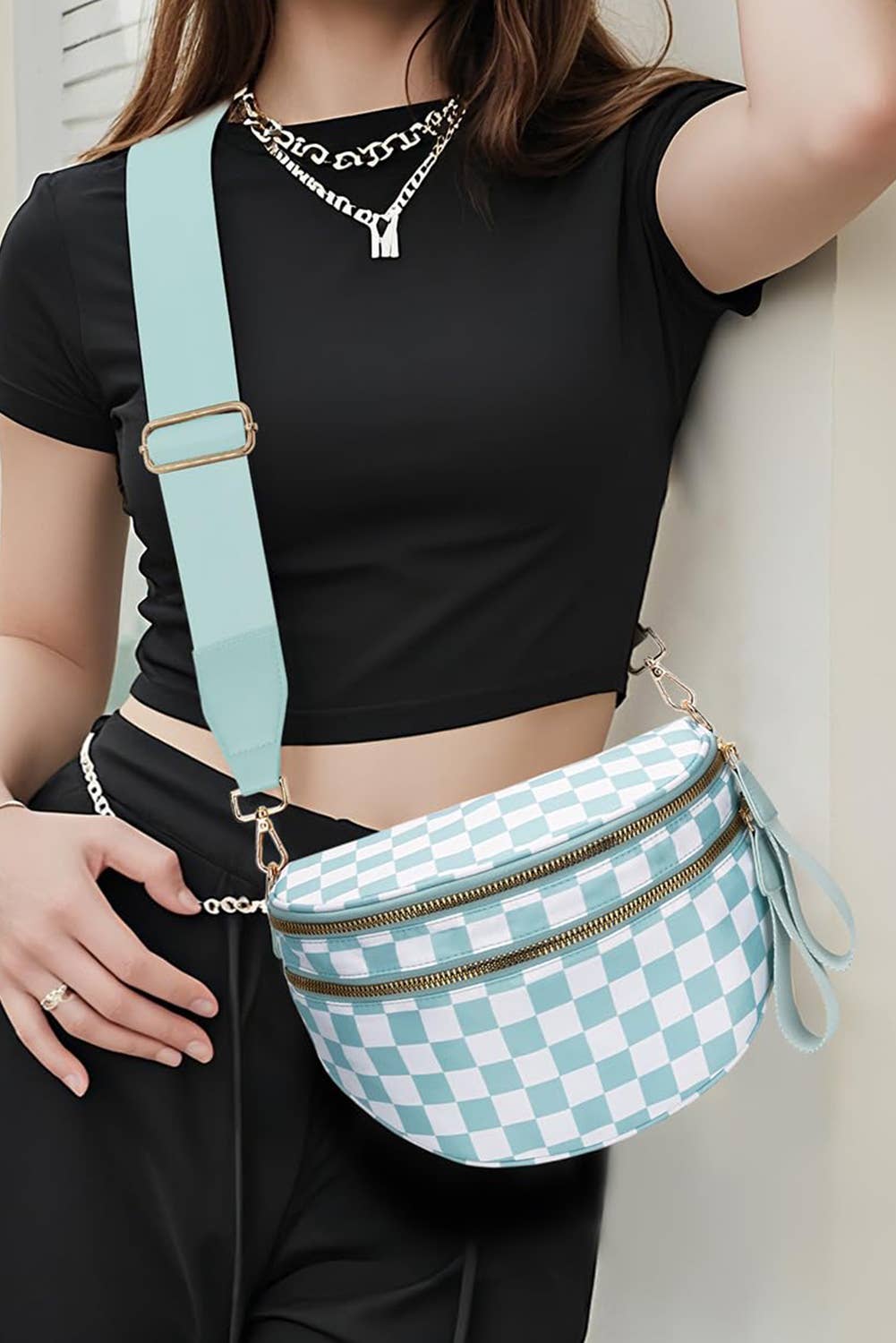 Little Daisy Closet - Wholesale Crossbody Bag - Women's -  LDC Checkered Print Wide Strap Large Crossbody Bag6