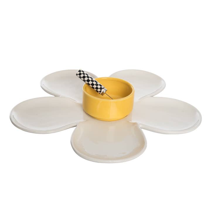White Daisy Platter & Bowl w/ Spreader S/3 for wholesale on Faire