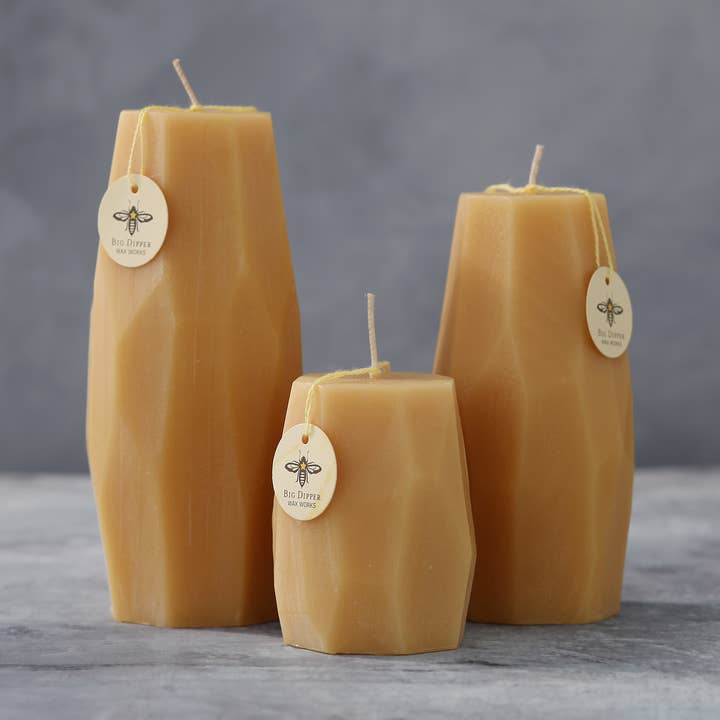 Pillar Candles – Pure Beeswax – Faceted Design – 3 Sizes for wholesale by Big Dipper Wax Works