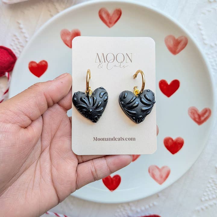 Black on black talavera hearts for wholesale by Moon & Cats