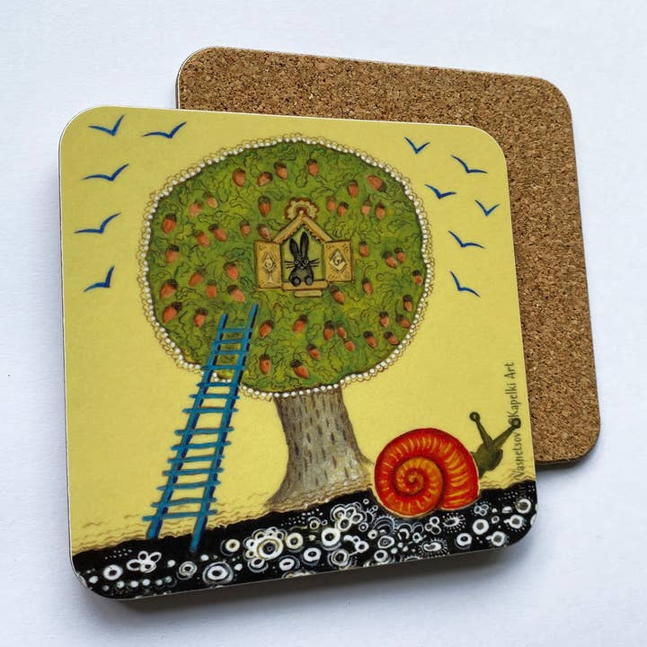 Oak tree and giant snail cork coaster for wholesale by Kapelki Art