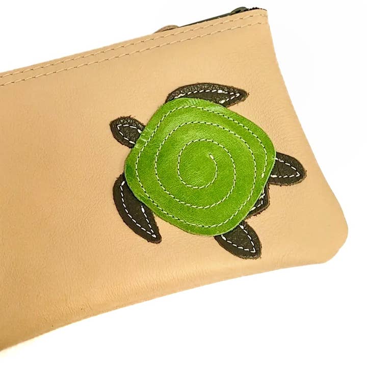 Turtle Appliquéd Leather Zipper Summer Pouch for wholesale by Vicki Jean Leather Design Co.