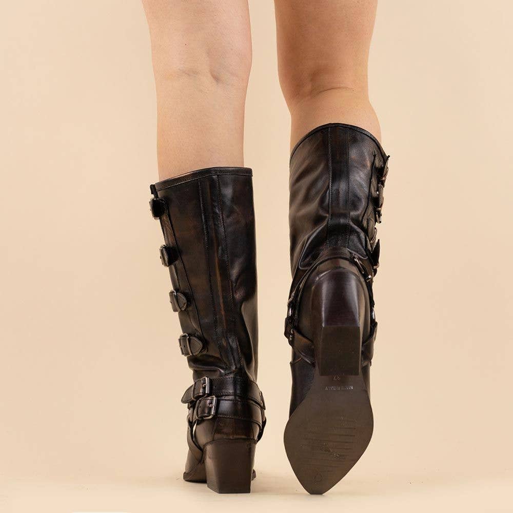 Moonrise – Großhandel Cowboystiefel  Damen – La Pintura bronzefarbene hohe Stiefel mit Schnallen2