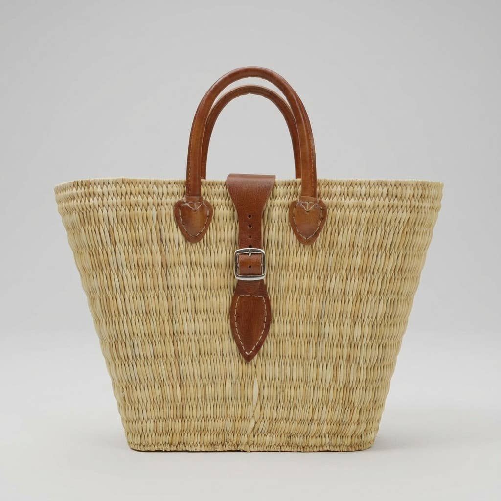 Melecraft - Wholesale Basket - Woven Reed Market Basket Leather Strap - Natural Boho Tote5