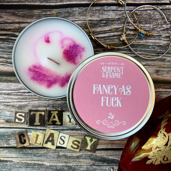 Fancy As Fuck Candle, Raspberry Peach Magnolia for wholesale by Serpent & Flame Candle Co.