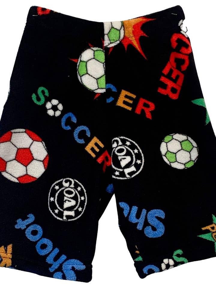 Fuzzy Black Soccer Shootout Long Boys Pajama Shorts for wholesale by Made With Love & Kisses