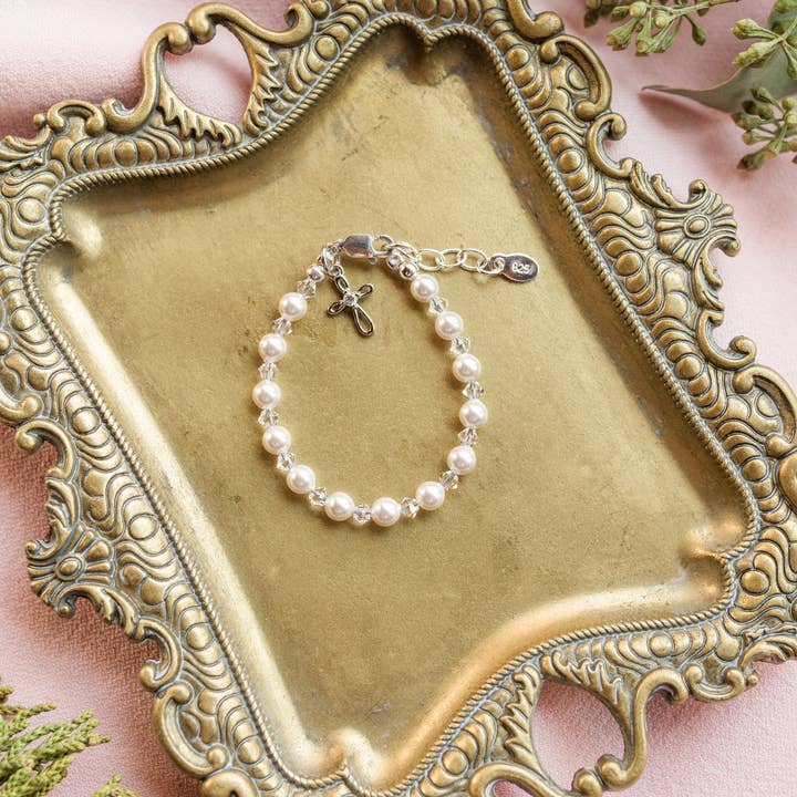 Silver Pearl Cross Baby Bracelet Baptism & Communion Gift for wholesale by Cherished Moments