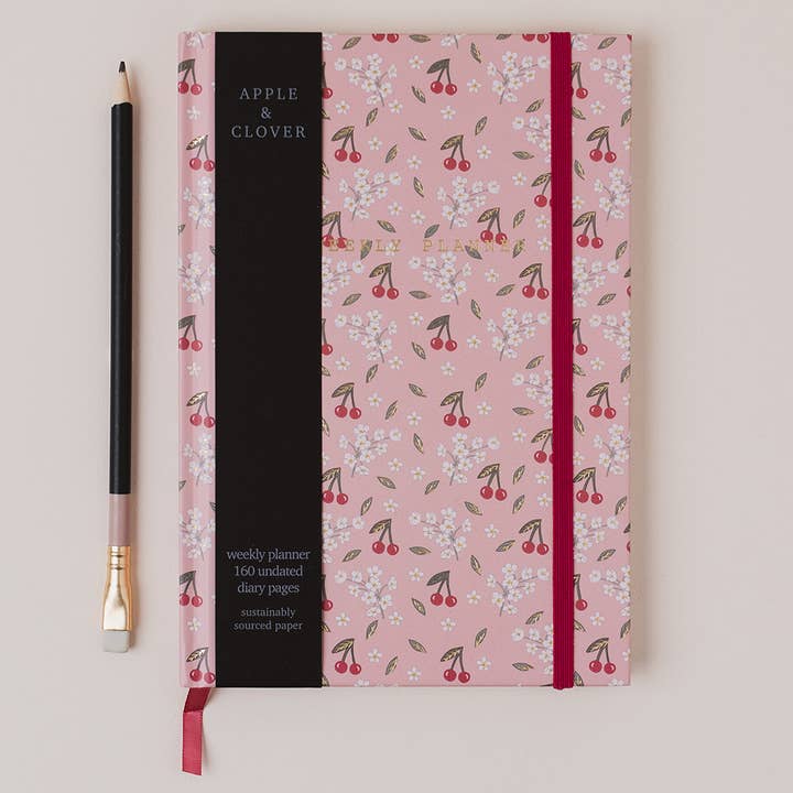 Hard Cover Cherry Weekly Planner for wholesale by Apple & Clover