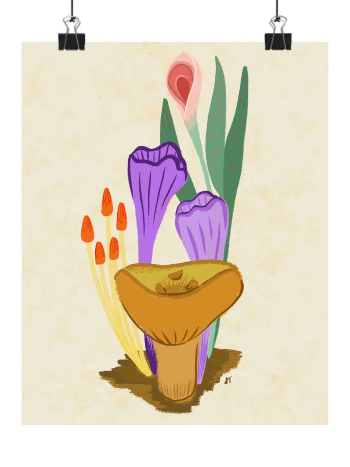 Mushrooms and Pink Flowers Print for wholesale by Jacquelyn Turner Art