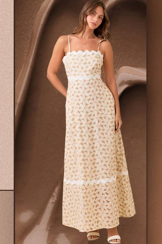 TAUPE Floral Eyelet Maxi Dress With Contrasting Ric Rac for wholesale on Faire0