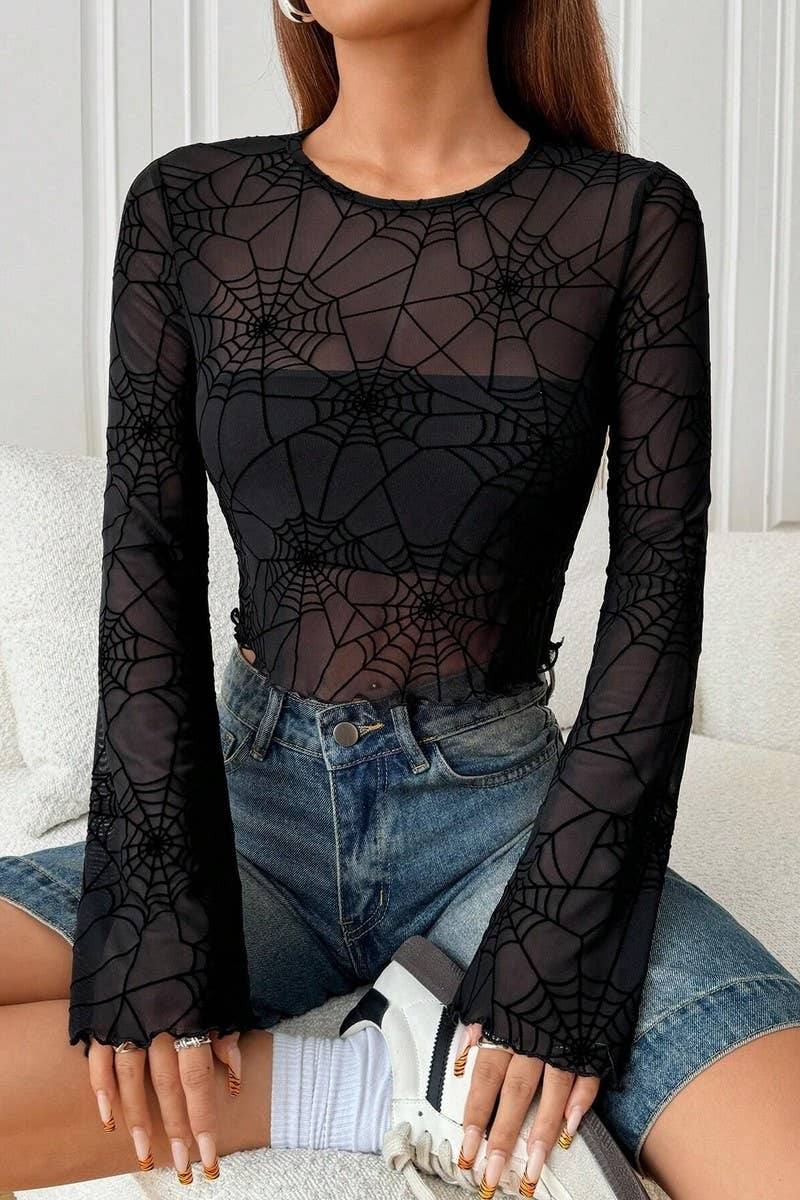 BLACK CWTBLL3478_BLACK TRANSPARENT RUFFLED SPIDER WEB T-SHIRT TOP for wholesale on Faire1