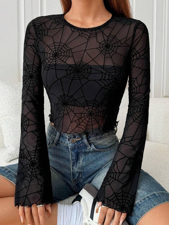 BLACK CWTBLL3478_BLACK TRANSPARENT RUFFLED SPIDER WEB T-SHIRT TOP for wholesale on Faire1