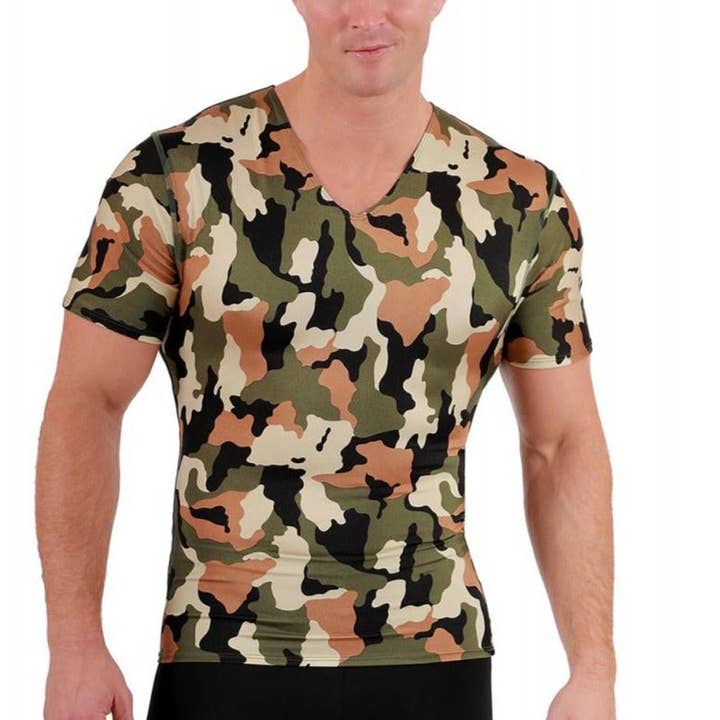 Insta Slim Camo Activewear Short Sleeve V-neck Shirt 3VAT001 for wholesale by InstantFigure