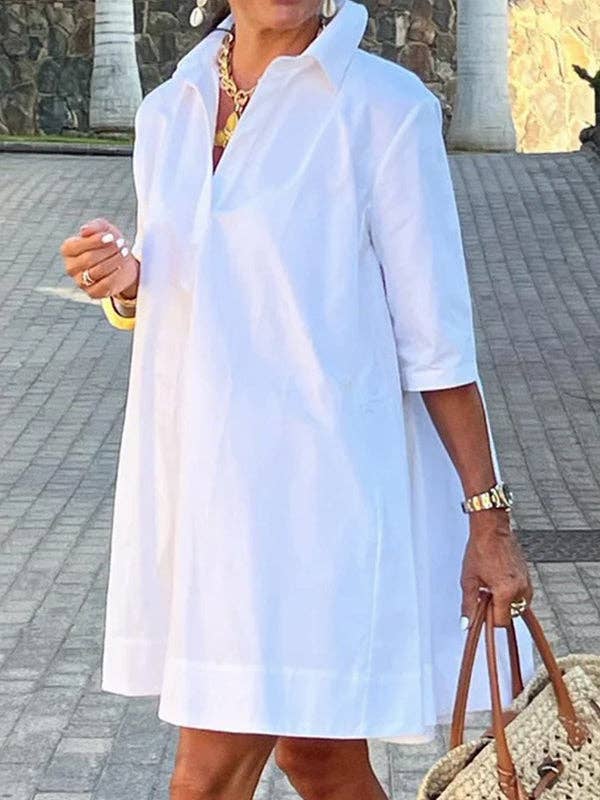 WEISS Lose einfarbige Minikleider mit halben Ärmeln und Revers für den Großhandel auf Faire1