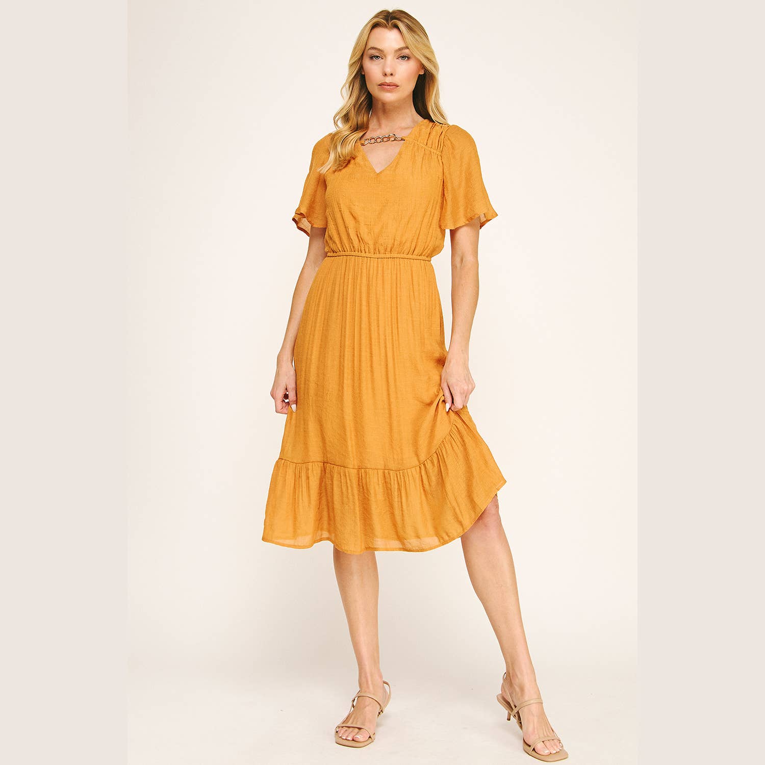 Winslow Collection - Wholesale Dress - Women's - FLUTTER SLEEVE NECKLACE DETAIL PRINTED MIDI DRESS11