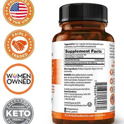 Herbal Goodness - Wholesale Oral supplement/vitamin - Papaya Leaf Extract - Capsules 600mg-10X Strength3