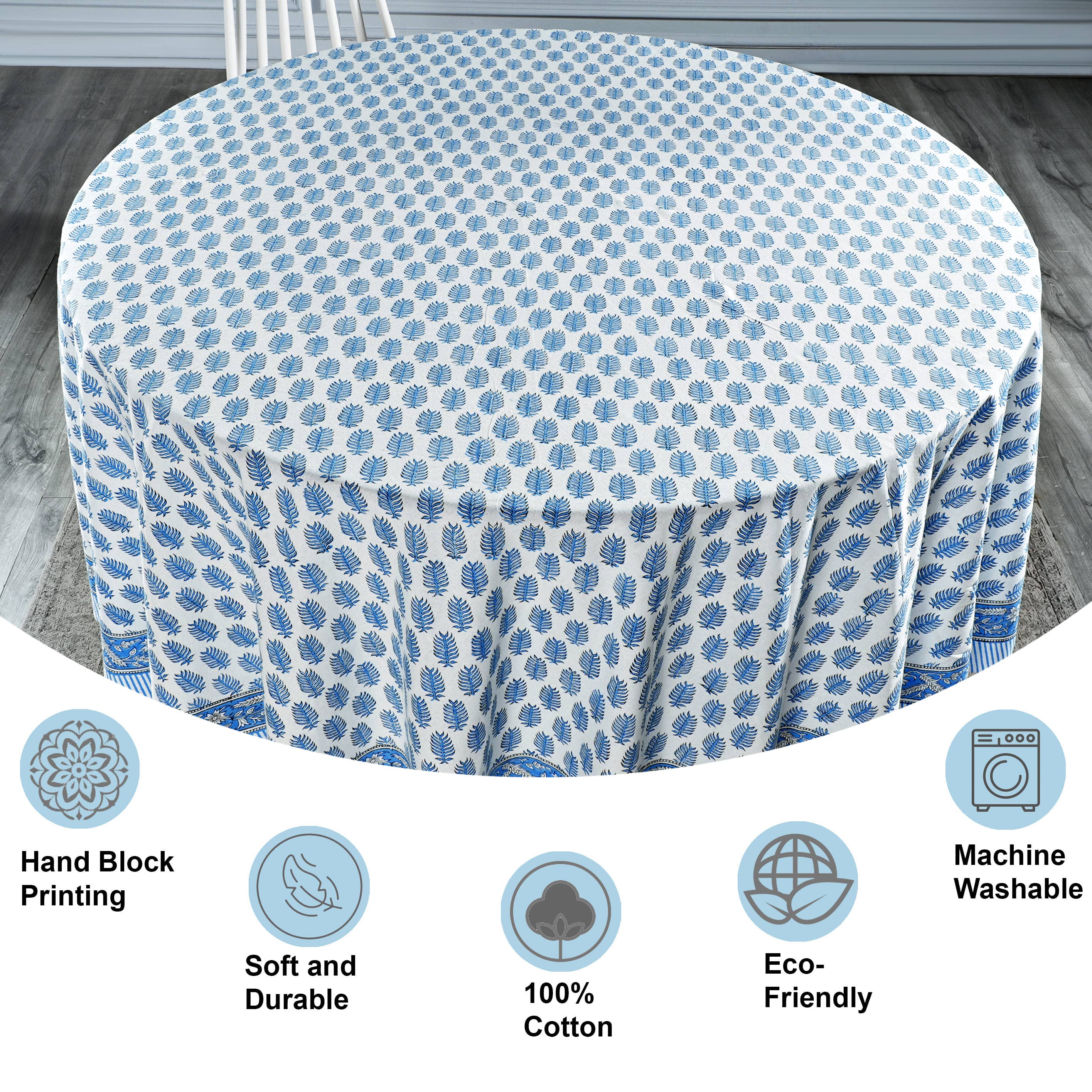Fabricrush - Wholesale Tablecloth - Cerulean Blue Leaf Printed Round Tablecloth Home Decor 3