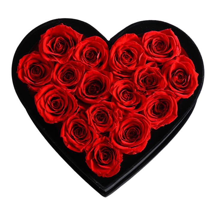 Rose Forever – Engroshandel Tørrede/pressede blomster – 16 Røde Roser Fløjlshjerte Evighedsroser Buketæske
