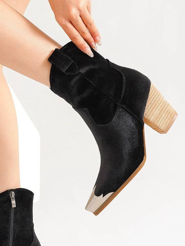 Mars Sky Shoes Wholesale - Wholesale Cowboy Boots - Women's - Beast Fashion DAKOTA-01 Women Block Heel Metallic Cap Toe Velvet Western Booties-12 Pairs Pack-42.75/Pair9