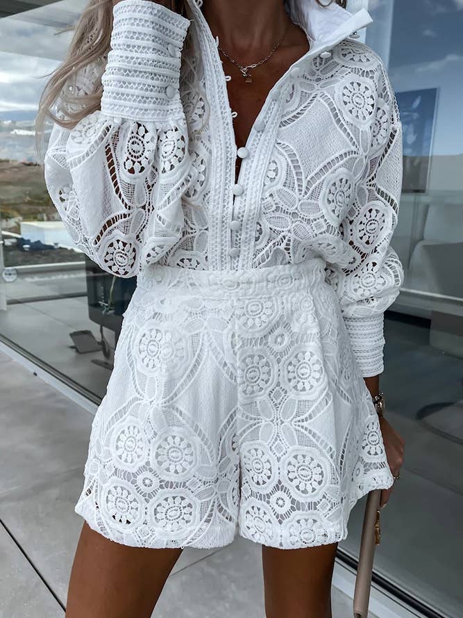 Full Lace Buttoned Blouse With Shorts 2pcs Set ZK1543 and other Purchase Wholesale linen set. Free Returns & Net 60 Terms on Faire trending on Faire.