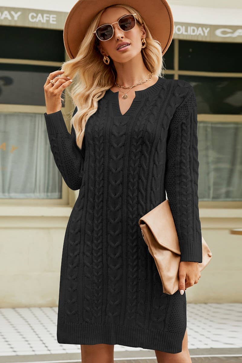 Lily Clothing - Wholesale Dress - Women's - LONG SLEEVE V NECK TWO SIDE SLIT SWEATER DRESS_CWDSD16966