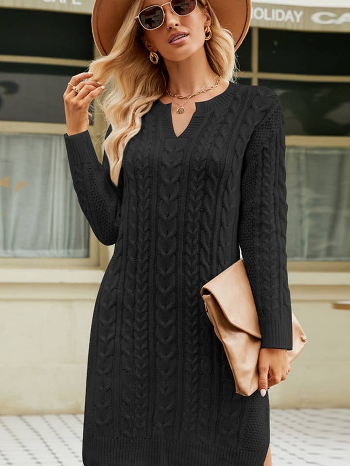 Lily Clothing - Wholesale Dress - Women's - LONG SLEEVE V NECK TWO SIDE SLIT SWEATER DRESS_CWDSD16966