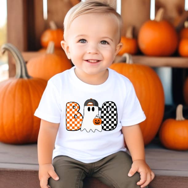 BOO Retro Pumpkin Halloween Checkered Ghost Tee Shirt for wholesale by AvaryMaeInspirations