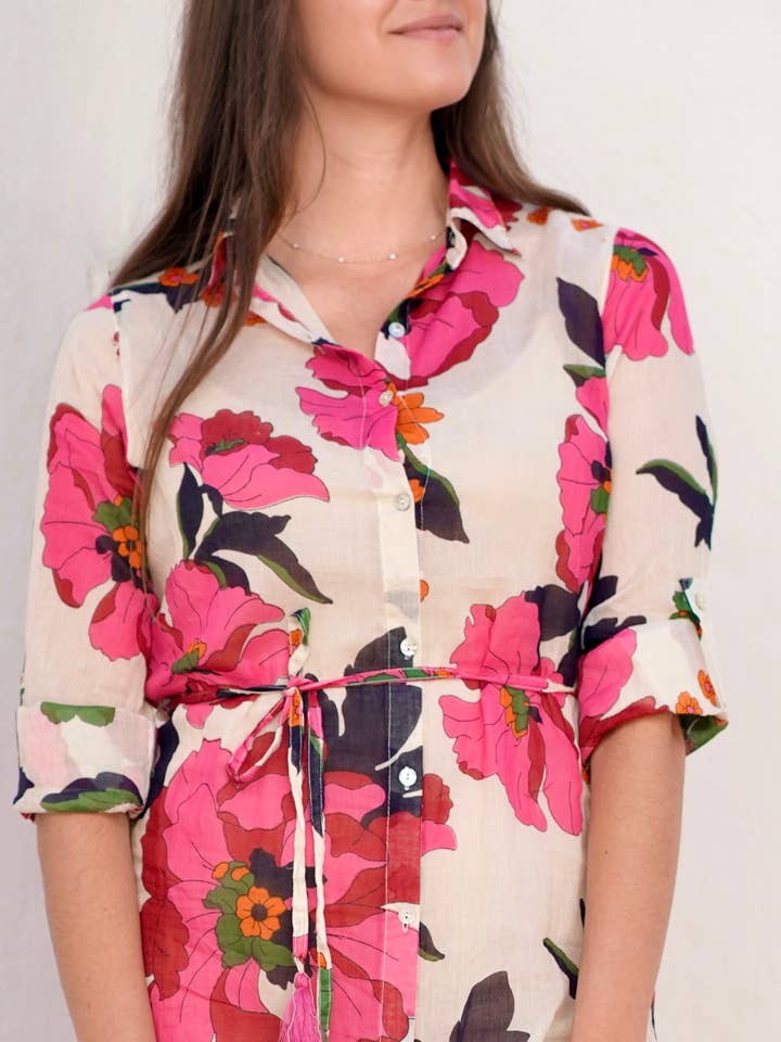 Reine Shirt Dress White Fuchsia for wholesale on Faire