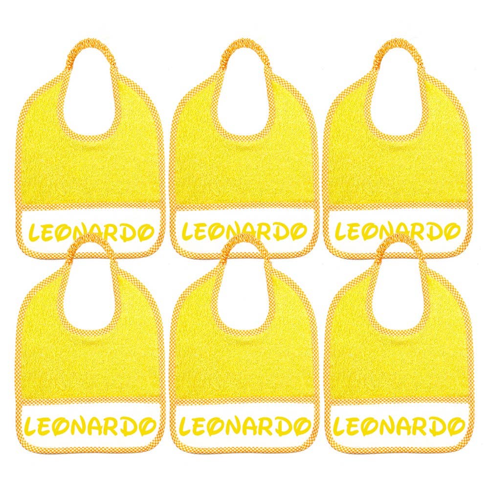 Almatex srl – Engroshandel Hagesmæk - Baby – 6 små hagesmække 24x27 med ELASTIK, tilpasset med det navn, du ønsker.4