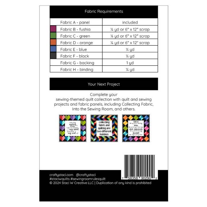 Staci W Creative LLC - Wholesale Craft sewing kit - Sewing Room Rules Quilt Pattern and Fabric Panel1