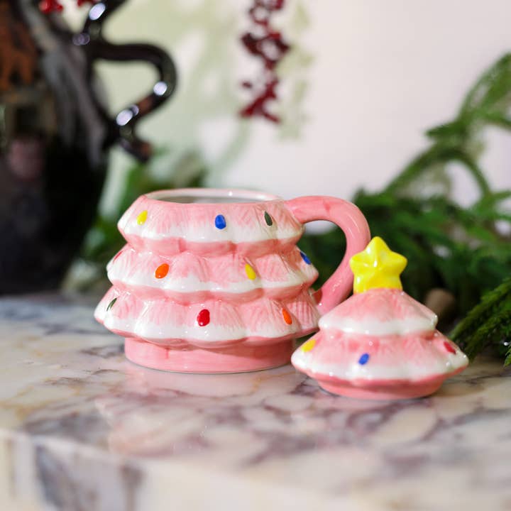 Flora Bunda Inc - Wholesale Coffee mug - 18 OZ Pink Xmas Tree Ceramic Mug with Lid4