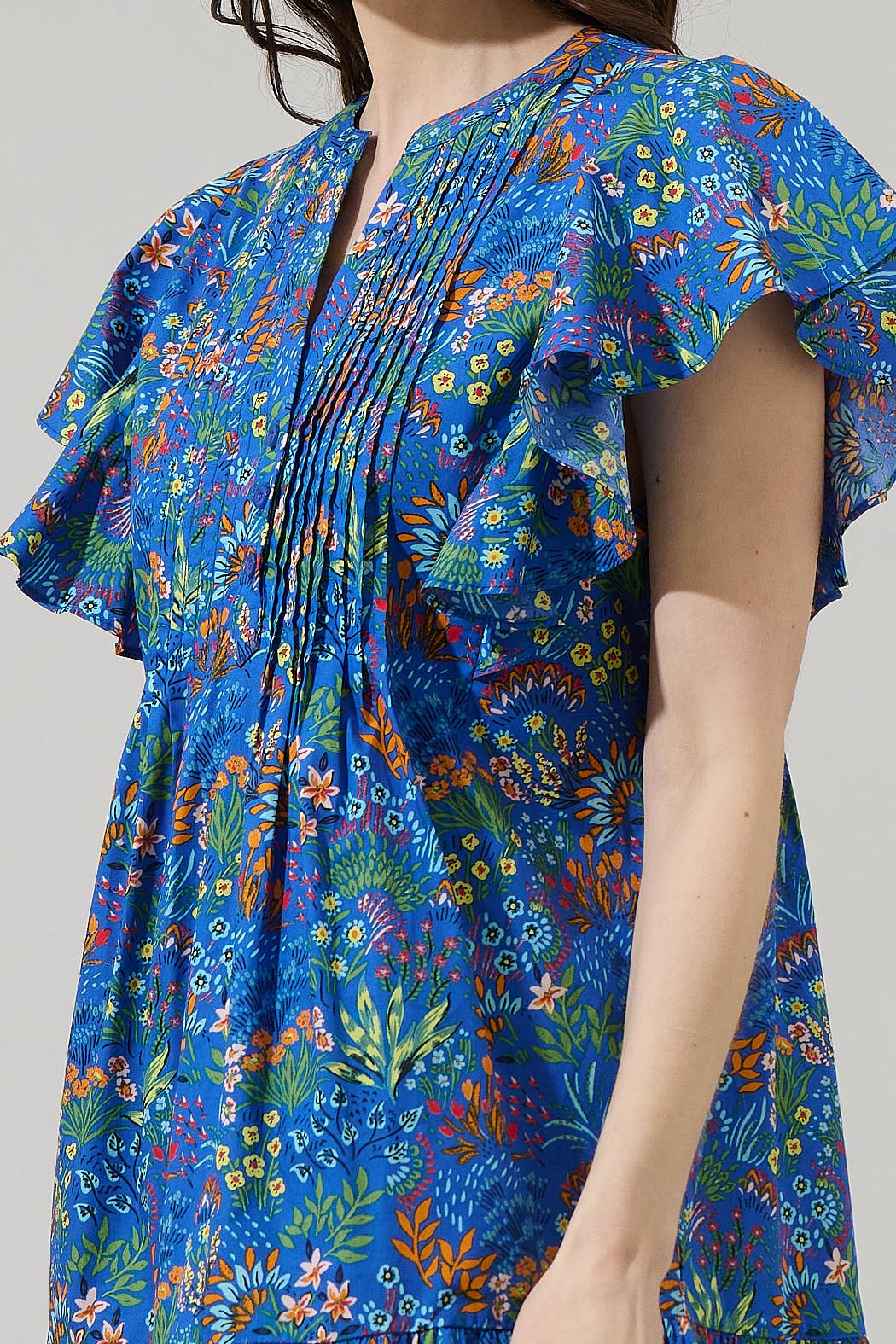 COBALT COMBO Ruya Floral Lizzy Pleated Ruffle Mini Dress for wholesale on Faire4