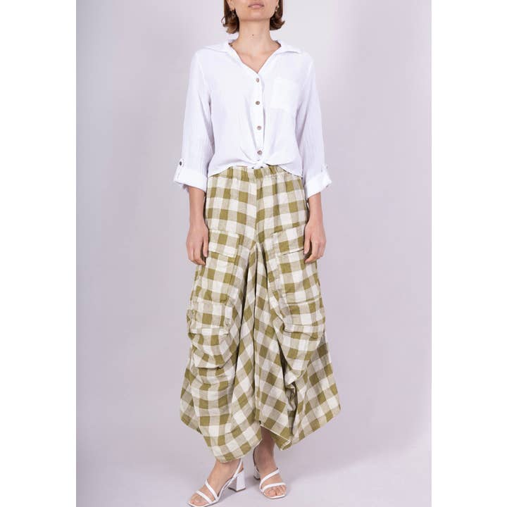 LINEN & COTTON HOUSE - Wholesale Dress - Women's - LINEN SKIRT WITH POCKETS, GINGHAM CHECK PATTERN 6633