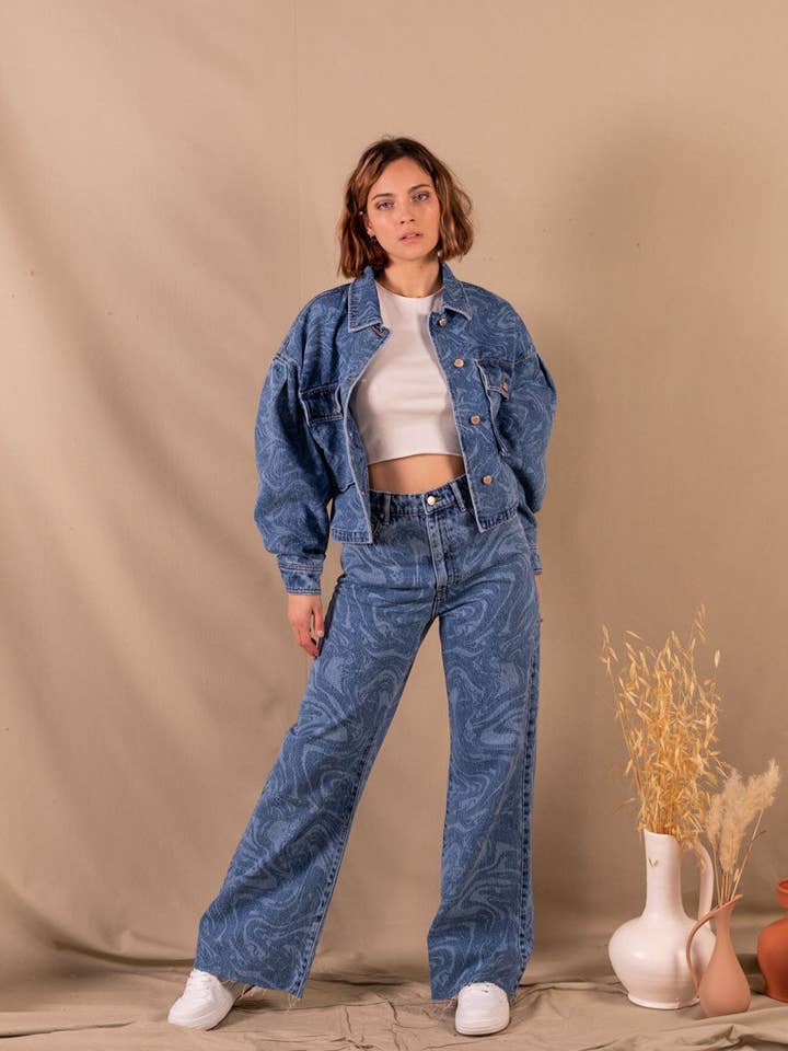 Jean Femme Flare Bleu Marbré En Coton Bio - Clara pour la vente par Nagev