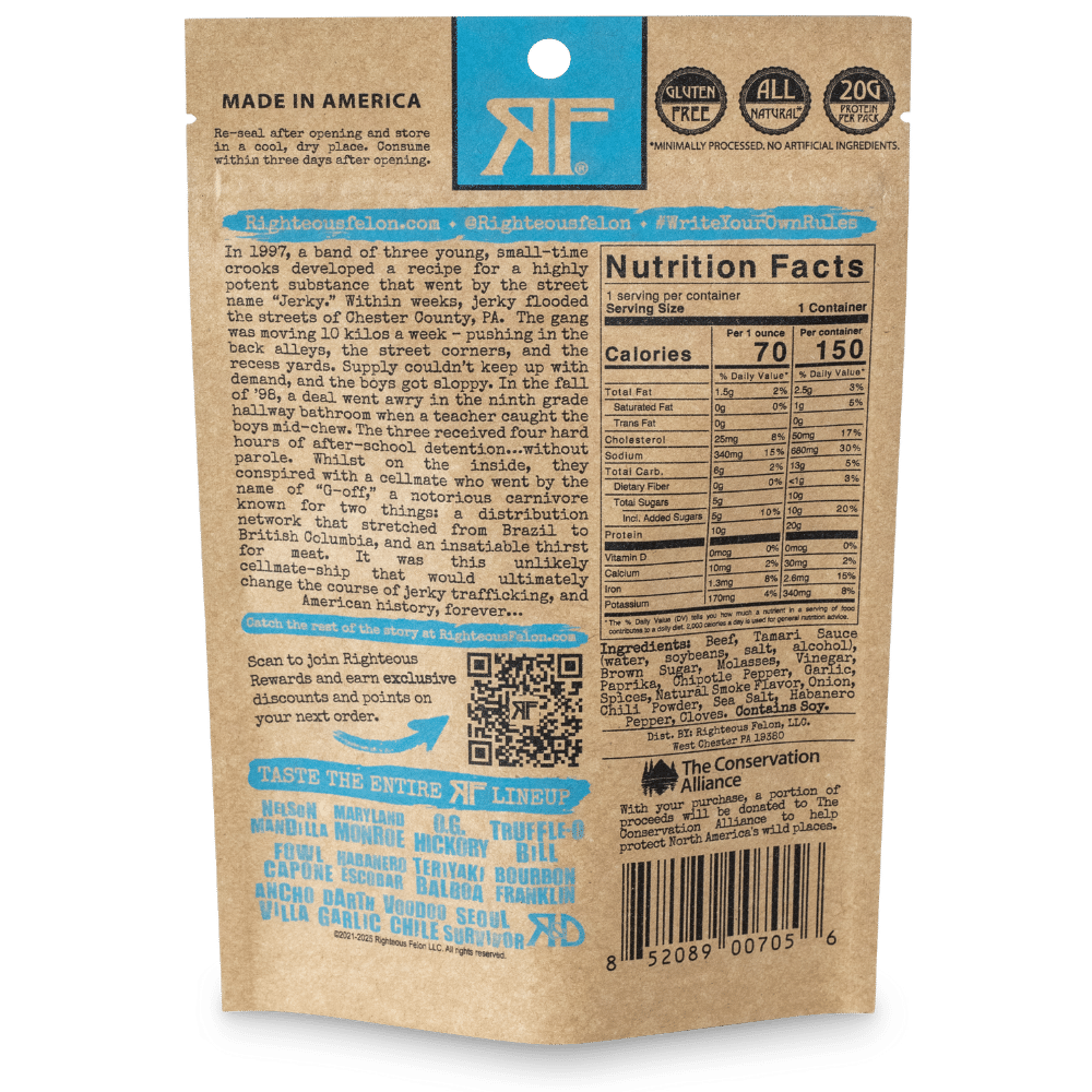 Righteous Felon Craft Jerky - Wholesale Jerky - Bootleggin' Baby Blues BBQ Beef Jerky 2oz6