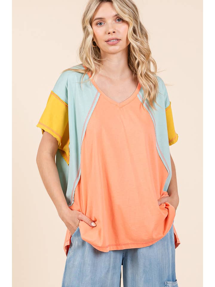 mittoshop – Túnica - Mulher por atacado – TOP DE MALHA DE MANGA CURTA EM BLOCO COLORIDO DE GRANDES DIMENSÕES8