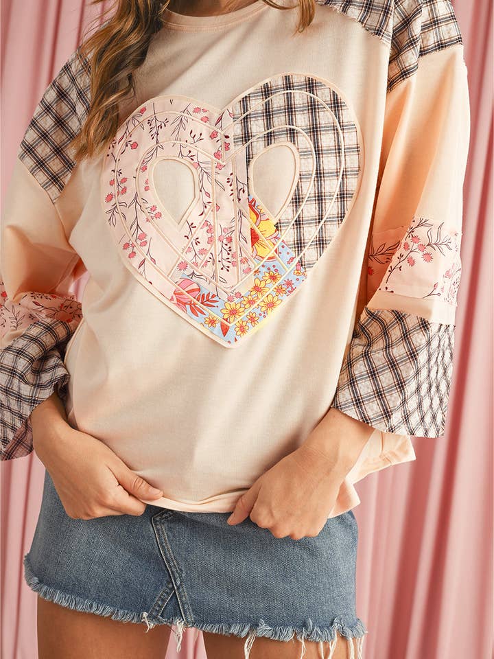 Beige Plaid Floral Patchwork Heart Long Sleeve Top for wholesale by Kustom Kreations Goods