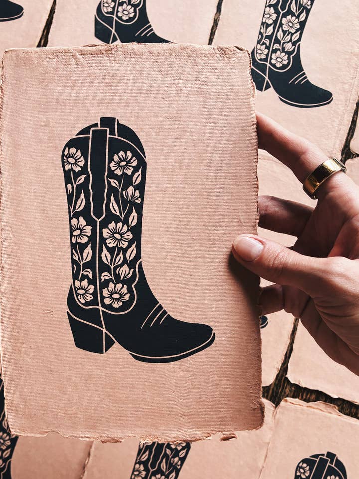 Westerse Bloemen Cowboylaars Blokprint op Handgeschept Papier voor wholesale door Flora West Design