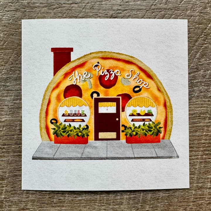 4x4 Pizza Shop Art Print, Tiny Shop Collection, Foodie Art for wholesale by blonde birdie