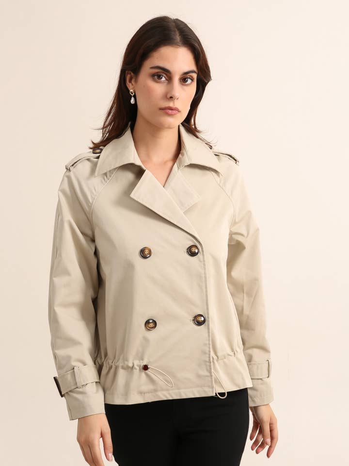 Short trench coat with integrated elastic at the waist for wholesale by Attrait Paris