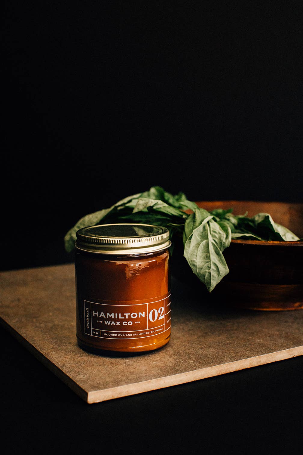 Hamilton Wax Co. - Wholesale Jar/Filled Candle - 02 Fresh Basil Scented Candle - Amber Glass Jar2