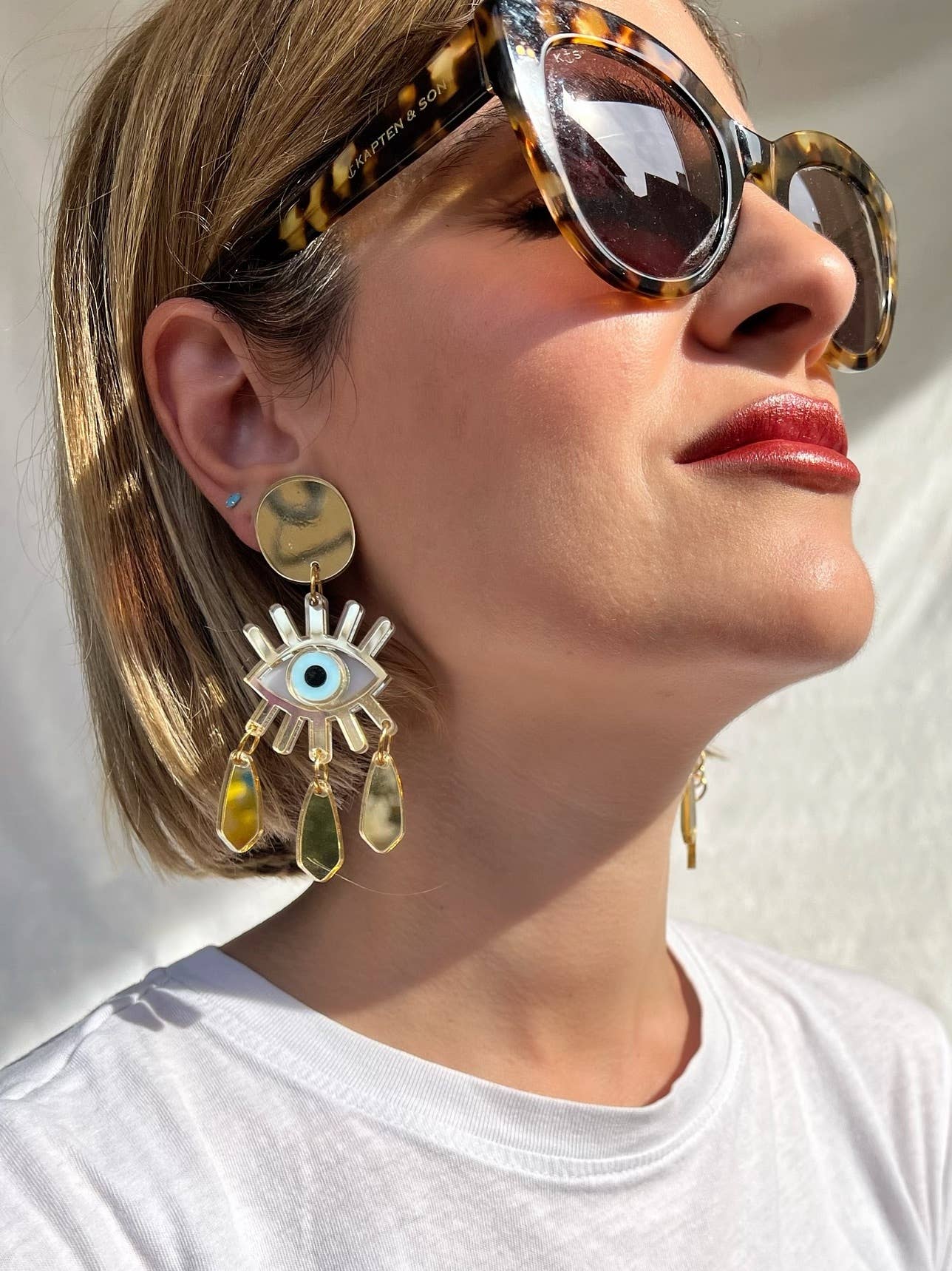 Christina Christi - Wholesale Clip-On Earrings - Gold Evil Eye Clip-On Earrings with Gold Plexiglass Designs0