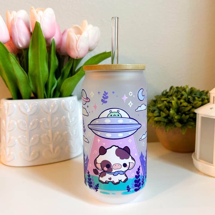 Copo de Vidro UFO Cow 16oz Copo de Café com Tampa e Palhinha por atacado de GUMMYBUNNII
