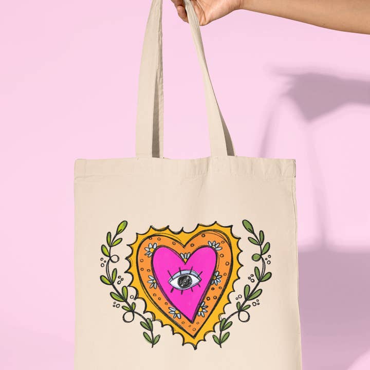 Mexican Sacred Heart Cotton Canvas Tote Bag for wholesale by Las Changuis Tianguis