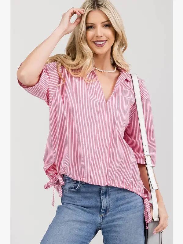 T1147-Kurviges Streifenhemd mit seitlichem Bindeband für den Großhandel von STYLIVE